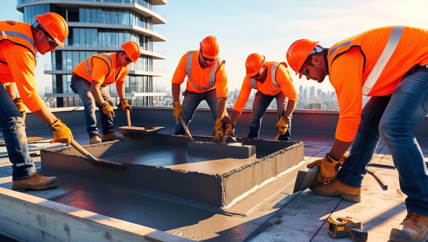 construction labors working at site, they are on the roof of the building casting the slab. put safety vests construction labors working at site, they are on the roof of the building casting the slab. put safety vests
